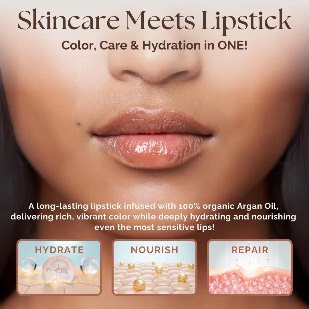 𝗘𝘀𝘀𝗲𝗻𝗰𝗲 𝗼𝗳 𝗔𝗿𝗴𝗮𝗻 Deep Moisturizing Pink Lipstick, Long Lasting Lipstick & Lip Care with Pure Organic Argan Oil, Shea Butter, Jojoba Oil & Aloe Vera Hydrating Lipstick, Precious Pink