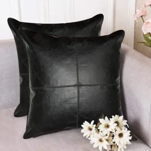 100% Lambskin Leather Pillow Cover - Sofa Cushion Case - Decorative Throw Covers for Living Room & Bedroom, (16 X 16'' Pack of 2, Black)