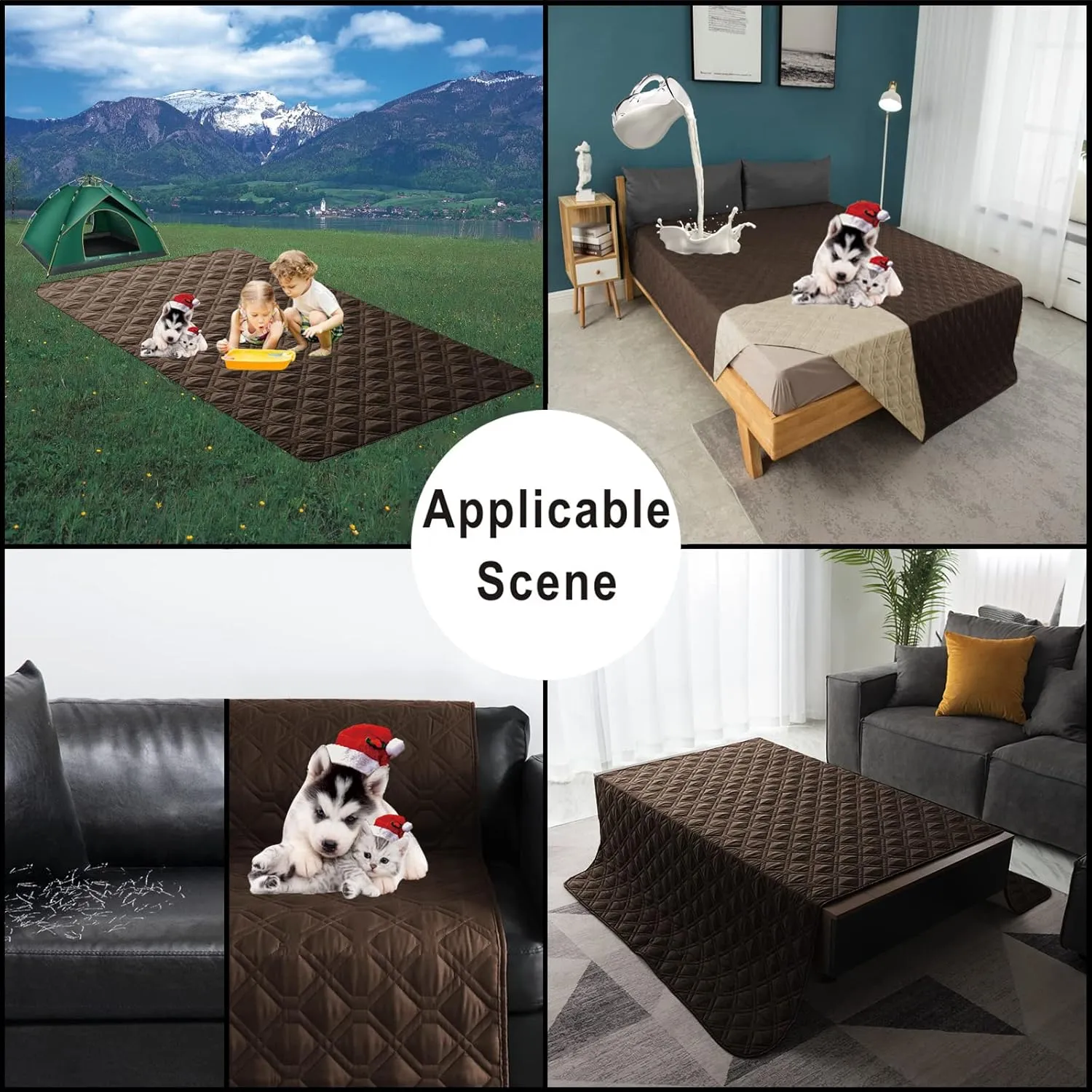 100% Waterproof Dog Bed Cover 30x70 inch Reversible Reusable Camping Mat for Kids/Pet/Dog/Cat Washable Geometric Embroidery Blanket Patchwork Brown Beige