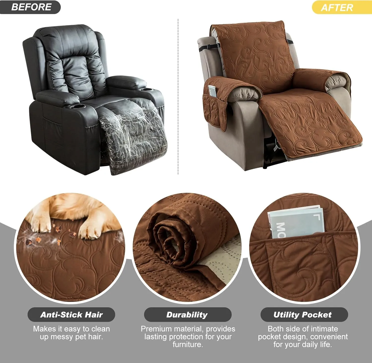 100% Waterproof Recliner Chair Cover, Recliner Chair Covers for Reclining Chair, Non-Slip Fabric Recliner Couch Cover for Living Room, for Pets Kids Protector, Washable (Brown, 28"Recliner Chair)