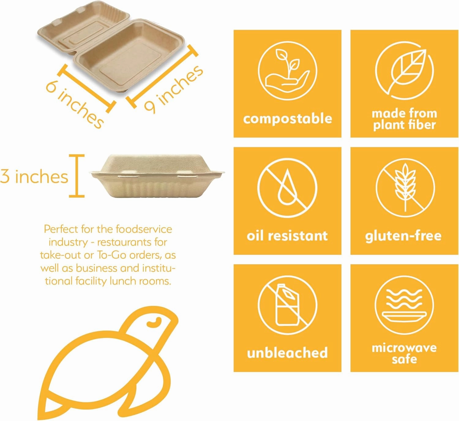 100% Compostable Disposable Food Containers with Lids [9”X6” 500 Pack] Eco-Friendly Take-Out TO-GO Containers, Heavy-Duty, Biodegradable, Unbleached by Earth's Natural Alternative