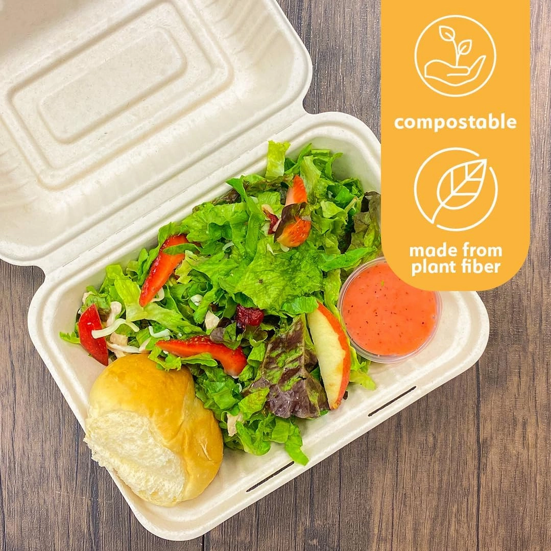 100% Compostable Disposable Food Containers with Lids [9”X6” 500 Pack] Eco-Friendly Take-Out TO-GO Containers, Heavy-Duty, Biodegradable, Unbleached by Earth's Natural Alternative