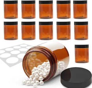 12 Pack 8 oz Amber Plastic Jars with Lids and Labels, Round Empty Brown Cosmetic Containers, Reusable Leak Proof Airtight Jars for Lotion Cream Body Butter Ointment Sample Travel Storage