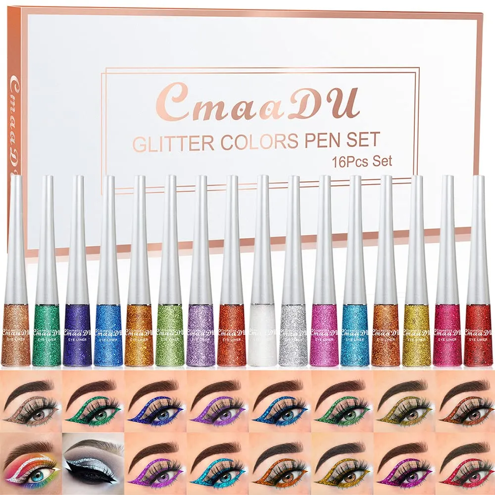 16 Colors Liquid Glitter Eyeliner Set, Metallic Shimmer Glitter Eyeshadow, Colorful Rainbow Eyeliner Long Lasting Waterproof Face Lips Art for Party Festival Makeup