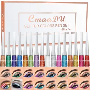 16 Colors Liquid Glitter Eyeliner Set, Metallic Shimmer Glitter Eyeshadow, Colorful Rainbow Eyeliner Long Lasting Waterproof Face Lips Art for Party Festival Makeup