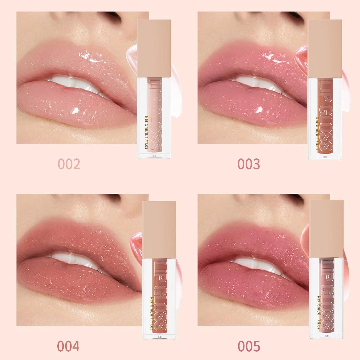 1 Pack of 4 Colors Moisturizing & Plump Lip Gloss, Nude Color & Shimmer Mirror Effect Liquid Lipstick Lip Glaze, Lip Plumper Lip Gloss (Set1 (02-05))