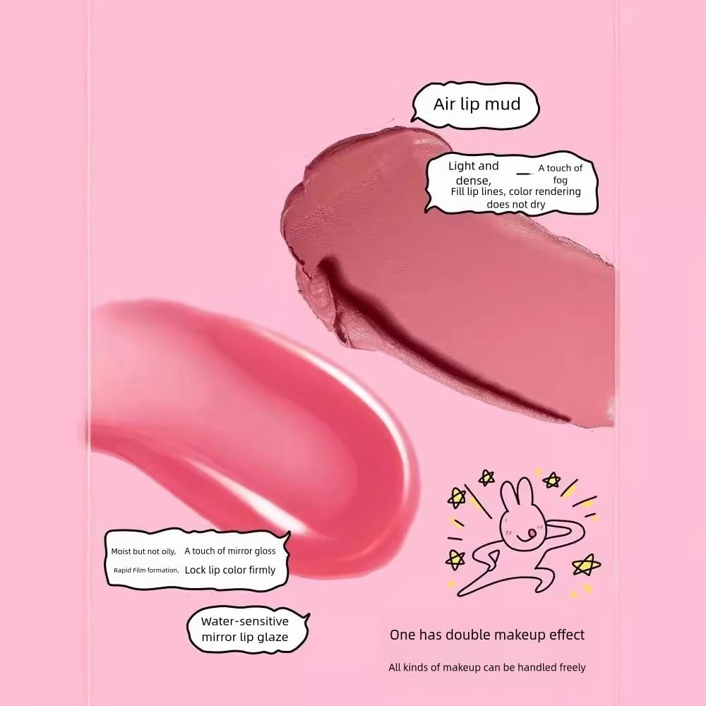 1 PC Friend Rabbit 3 in 1 Matte Lip Mud & Lip Glaze, One End Lip Mud Cream, One End Clear Mirror Effect Lip Gloss With Middle Silicone Brush (F06, 2g 2g)