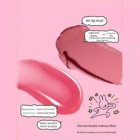 1 PC Friend Rabbit 3 in 1 Matte Lip Mud & Lip Glaze, One End Lip Mud Cream, One End Clear Mirror Effect Lip Gloss With Middle Silicone Brush (F06, 2g 2g)