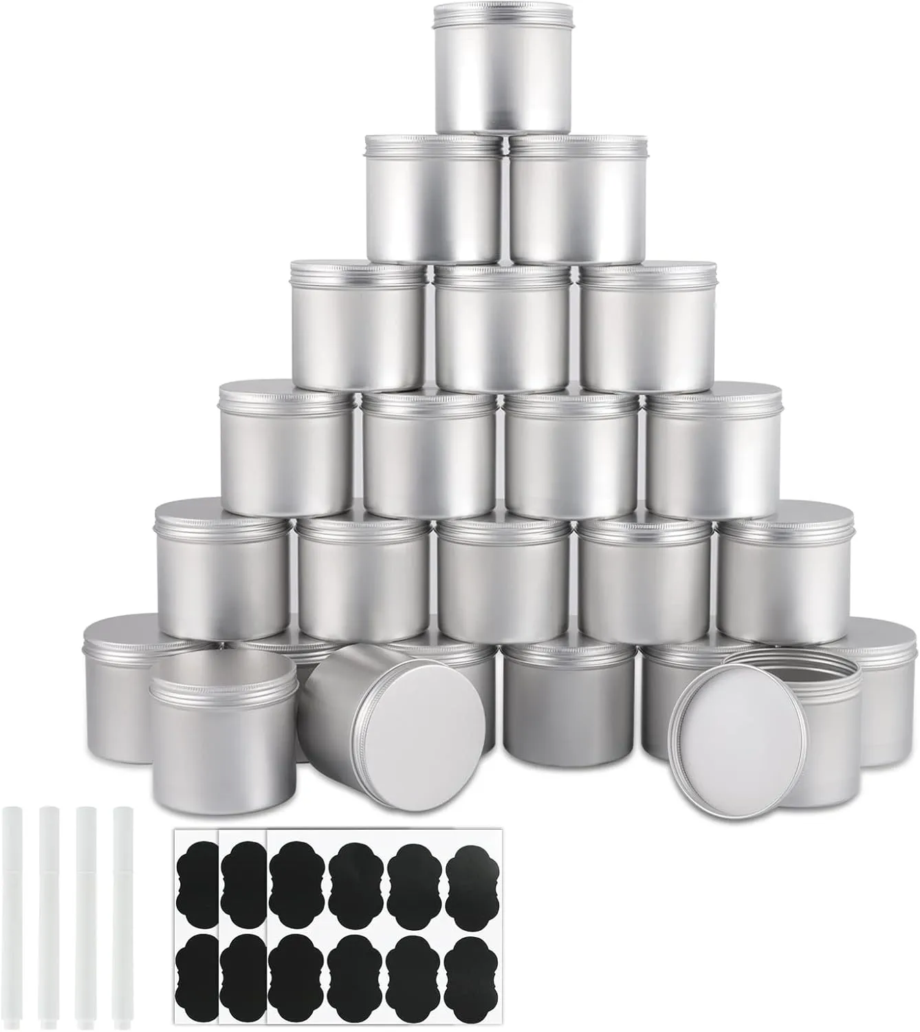 24 Pack Round Cans with Screw Lid 10 Oz Aluminum Metal Tins DIY Food Candle Containers for Lotion Bars, Balms, Salve, Spices, Beard Balm, Crafts with 4 Markers 3 Sheets Label Stickers 1(Silver)