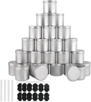 24 Pack Round Cans with Screw Lid 10 Oz Aluminum Metal Tins DIY Food Candle Containers for Lotion Bars, Balms, Salve, Spices, Beard Balm, Crafts with 4 Markers 3 Sheets Label Stickers 1(Silver)