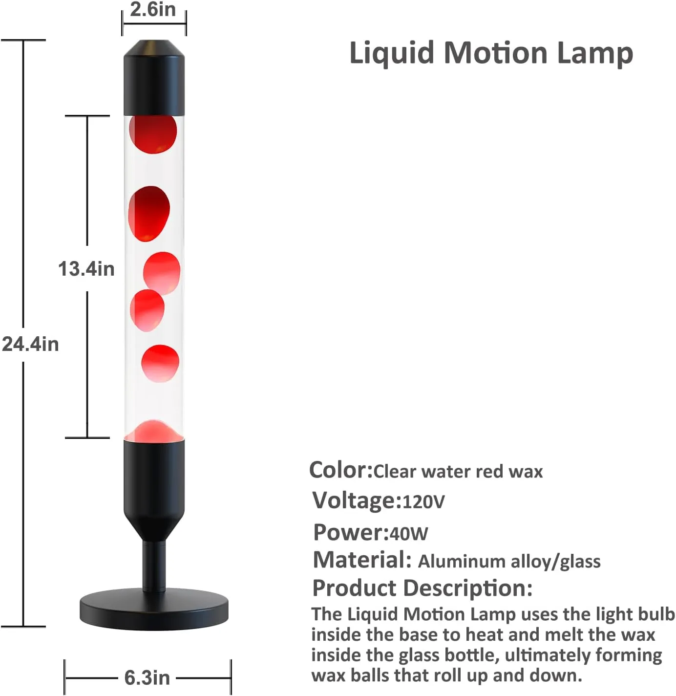 24.4-Inch Relaxing Liquid Motion Lamps,Magma Lamps, Home Decor Living Room Office Bedroom Lamp (Red Wax White Water/Black)