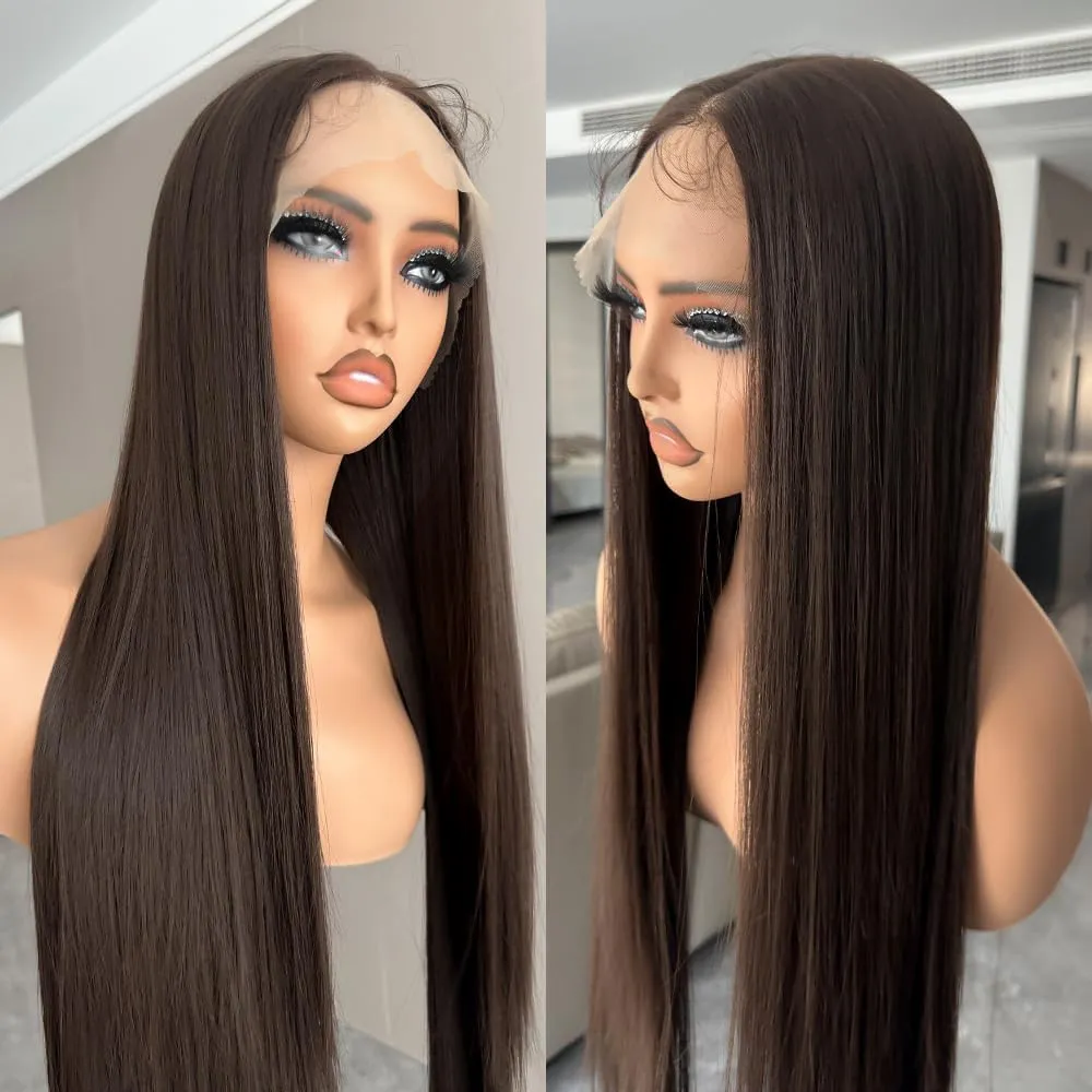 26 Inch Synthetic Straight Wig HD Lace Front Dark Brown Black Natural Color Pre Plucked With Baby Hair Ready to Wear Wigs SunKissed Lace Daily Synthetic Wig