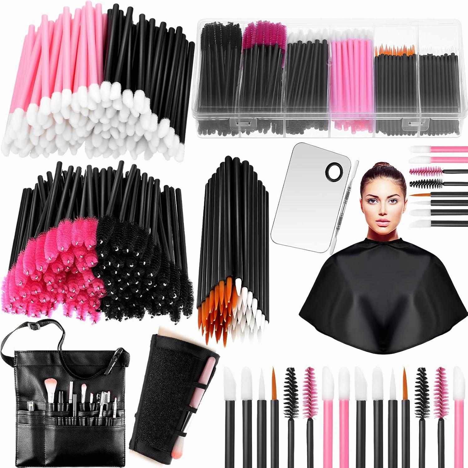 268 Pieces Disposable Makeup Tools Kit, Includes Eyeliner Brushes Makeup Short Waterproof Cape Stainless Steel Palette Mascara Wands Lipstick Applicators Plastic Organizer Box Bag Armband Cleaner