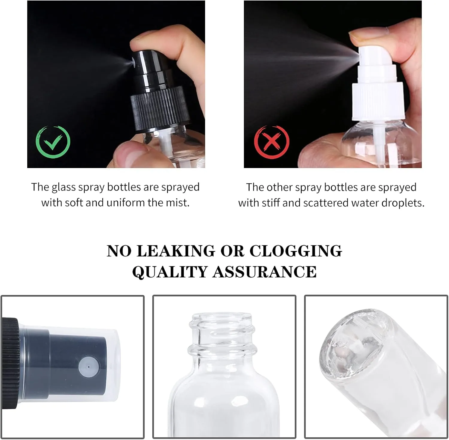 2oz Glass Spray Bottle, Fine Mist Boston Glass Bottles with Black Fine Mist Sprayer Small Clear Bottles for Essential Oils, Bath, Beauty, Hair & Cleaning, Clear, Pack of 48