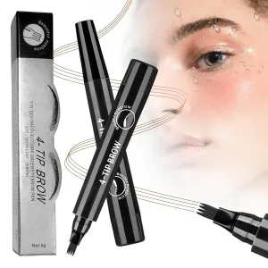 2Pcs Magic Microblading Eyebrow Pencil, 4-Tip Waterproof Brow Pencil with Micro-Fork Tip, Natural Fine Stroke Eyebrow Pen for Women (Black)