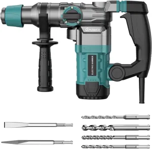 3 in 1 Hammer Drill, 1-1/4 Inch SDS-Plus 13 Amp Heavy Duty Rotary Hammer Drill, 4 Functions and Variable Speed, Including 4 Drill Bits,Flat Chisel, Point Chisel, User Manual (green)