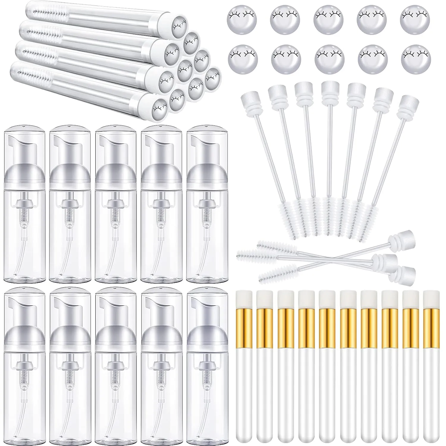 30 Pieces Nose Brushes Set 1.8oz Empty Bottle Travel Soap Bottle and Lash Shampoo Brushes Diamond Eyelash Foaming Soap Pump Dispenser Lash Wand Makeup Tool for Women, 50ml(White)