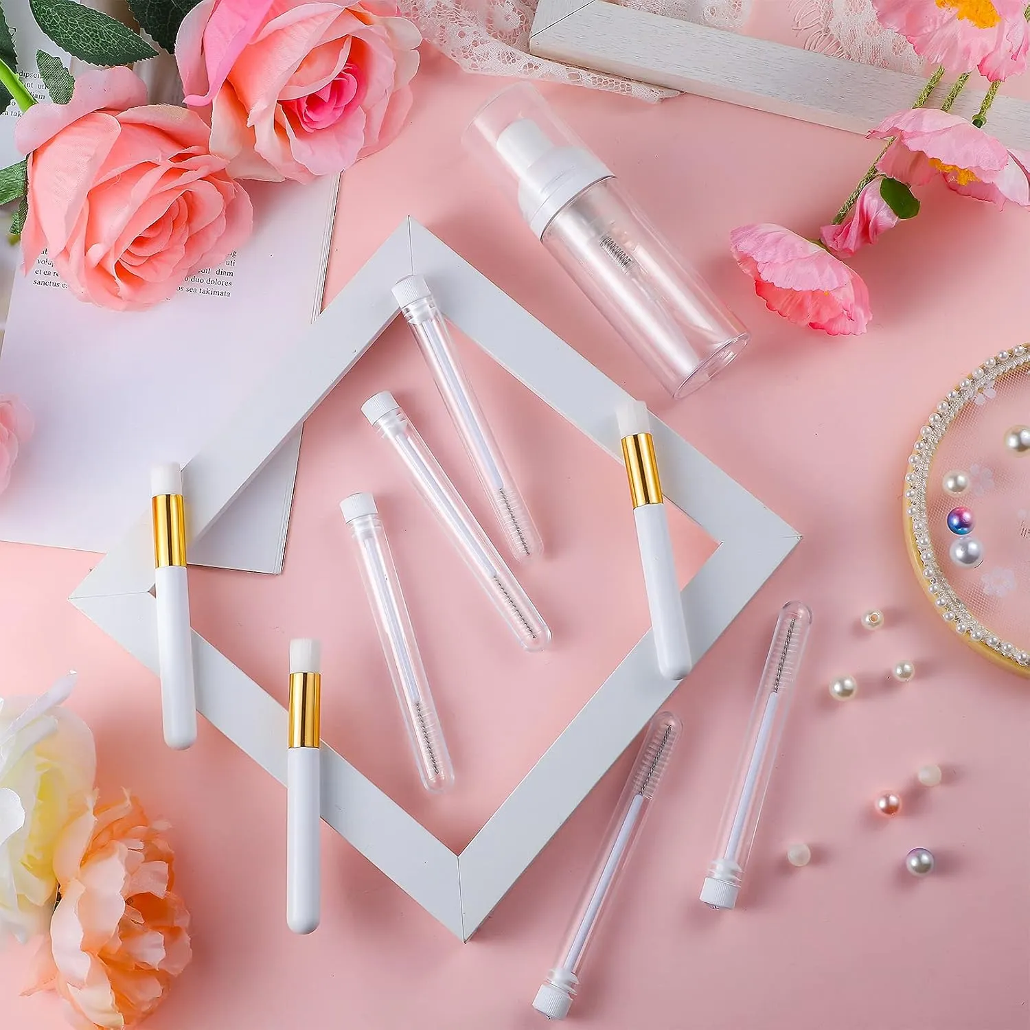 30 Pieces Nose Brushes Set 1.8oz Empty Bottle Travel Soap Bottle and Lash Shampoo Brushes Diamond Eyelash Foaming Soap Pump Dispenser Lash Wand Makeup Tool for Women, 50ml(White)