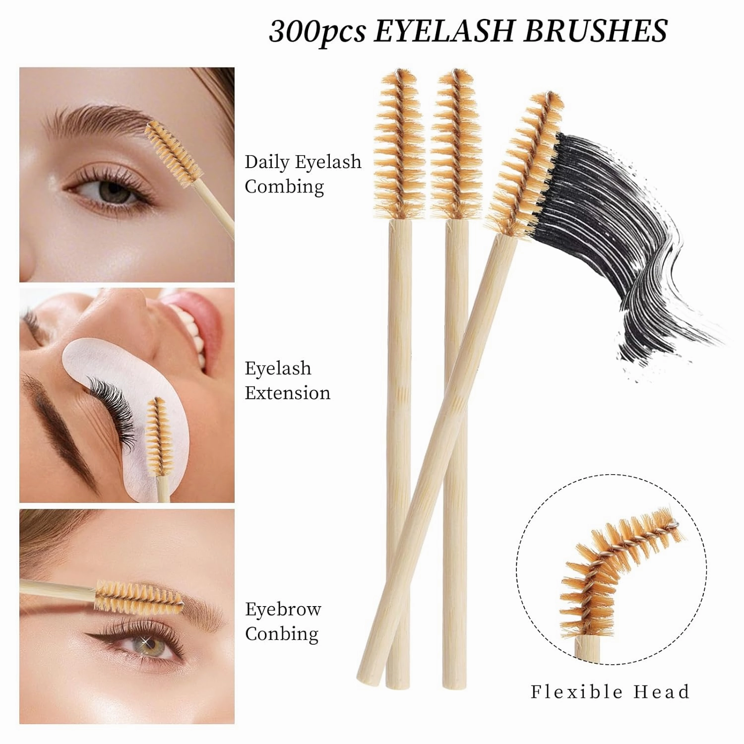 300PCS Disposable Mascara Wands Spoolie Brush Bamboo Eyebrow Brushes Eyelash Extension Applicator Makeup Kits myaokue-up(Brown)