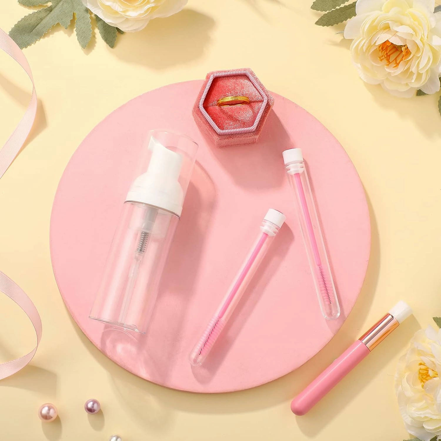 30 Pieces Nose Brushes Set 1.8oz Empty Bottle Travel Soap Bottle and Lash Shampoo Brushes Diamond Eyelash Foaming Soap Pump Dispenser Lash Wand Makeup Tool for Women, 50ml(Pink)