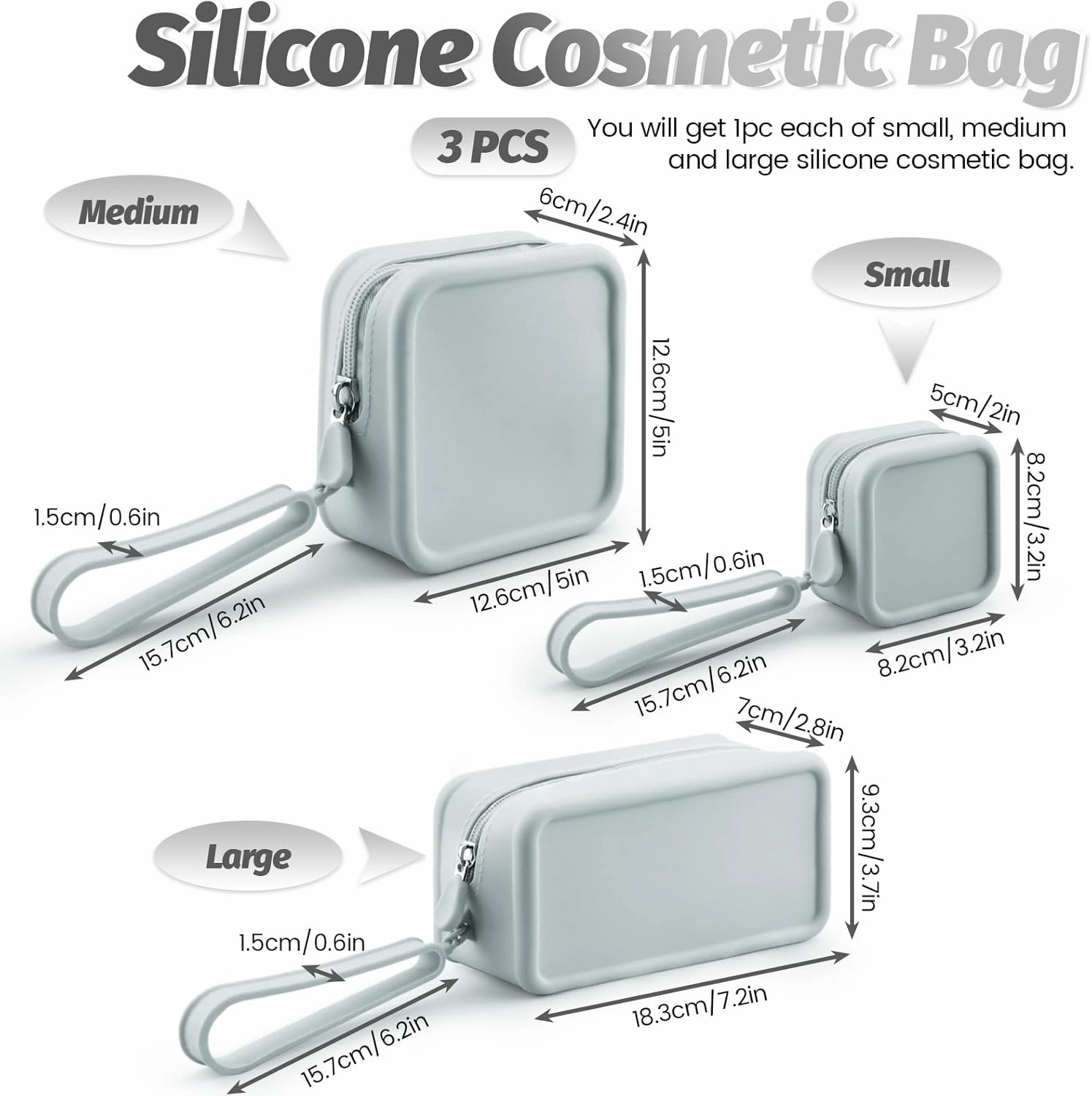 3 Pack Silicone Makeup Bag, Soft Waterproof Travel Cosmetic Bag Make Up Organizer Case with Hand Strap, Shatterproof Zipper Skincare Pouch Toiletry Bag for Women, Grey