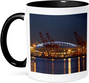 3dRose Wa, Seattle, Qwest Field and Elliott Bay Jamie and Judy Wild Two Tone Mug, 11 oz, Black/White