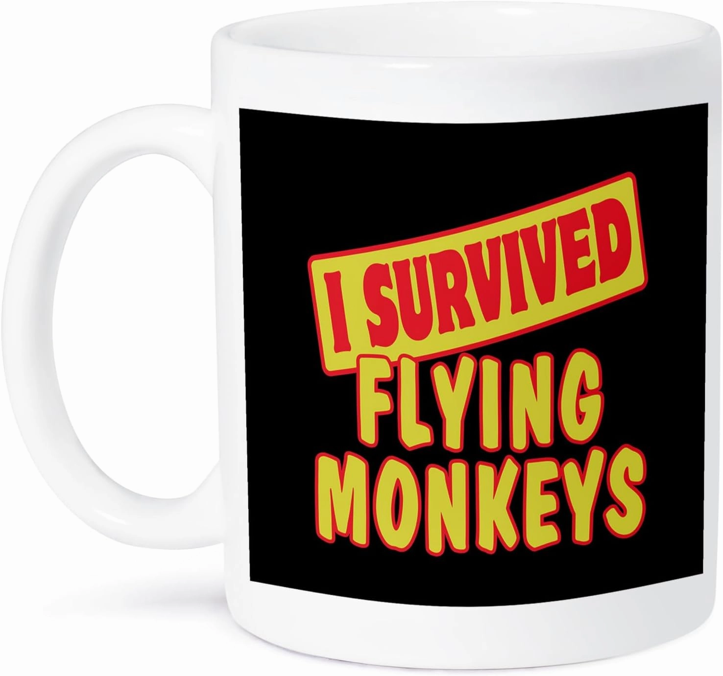 3dRose I Survived Flying Monkeys Survial Pride and Humor Design Ceramic Mug, 15 oz, White