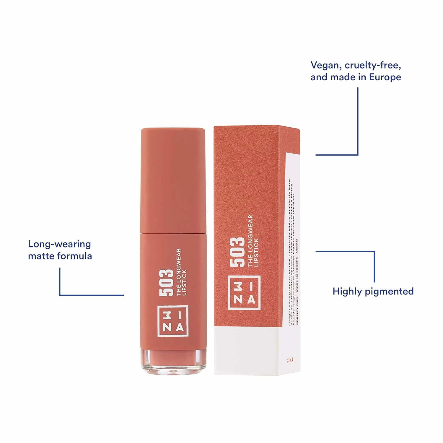3INA The Longwear Lipstick 503- Naturally Hydrating, Fast Drying - Shades That Stay All Day And Suit Every Skin Tone - Cruelty Free, Paraben Free, Vegan Cosmetics - Nude Color - 0.22 Fl. Oz