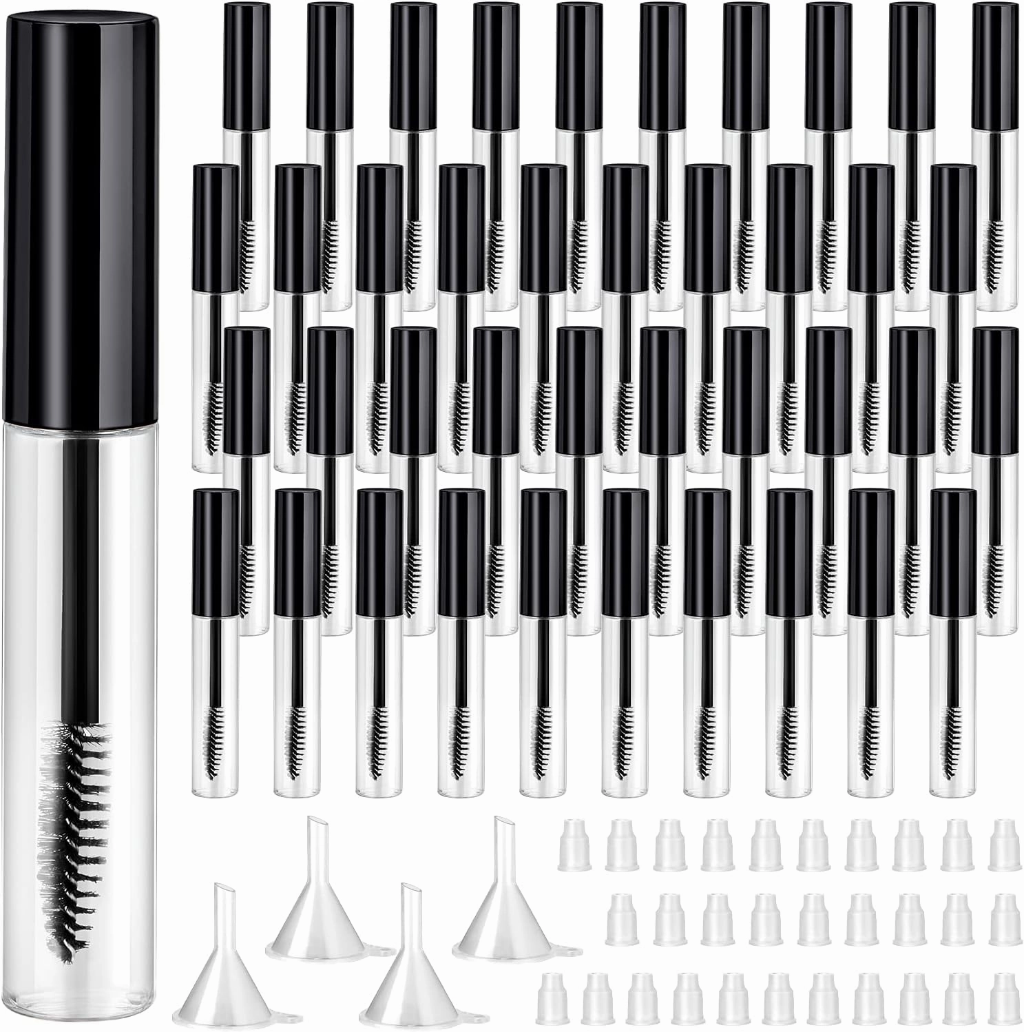 40 Pieces 10 ml Empty Mascara Tubes Eyelash Wand Refillable Clear Bottles Eyelash Cream Container Bottle with 4 Pieces Transparent Funnels Transferring Castor Oil for DIY Cosmetics (Black)
