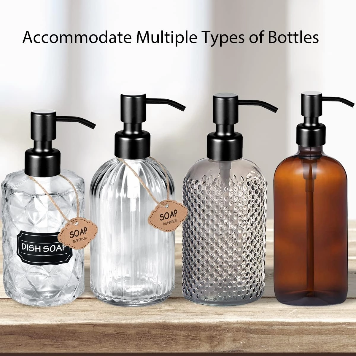 4PC Soap Dispenser Lids - 304 Stainless Steel Replacement Pump with Waterproof Label Stickers 8 Pack Tubes Fit 28/400 Thread Neck Bottles，for Dish Soap, Lotions, Conditioner,Shampoo (Black)