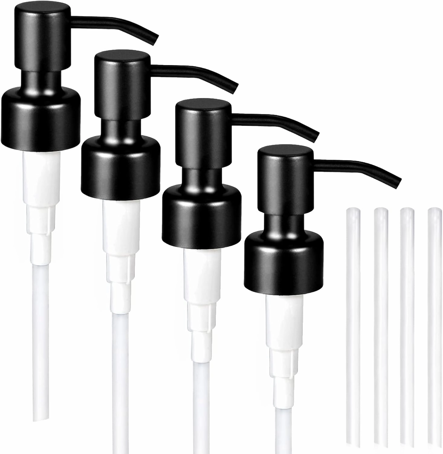 4PC Soap Dispenser Lids - 304 Stainless Steel Replacement Pump with Waterproof Label Stickers 8 Pack Tubes Fit 28/400 Thread Neck Bottles，for Dish Soap, Lotions, Conditioner,Shampoo (Black)