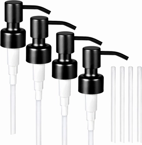 4PC Soap Dispenser Lids - 304 Stainless Steel Replacement Pump with Waterproof Label Stickers 8 Pack Tubes Fit 28/400 Thread Neck Bottles，for Dish Soap, Lotions, Conditioner,Shampoo (Black)