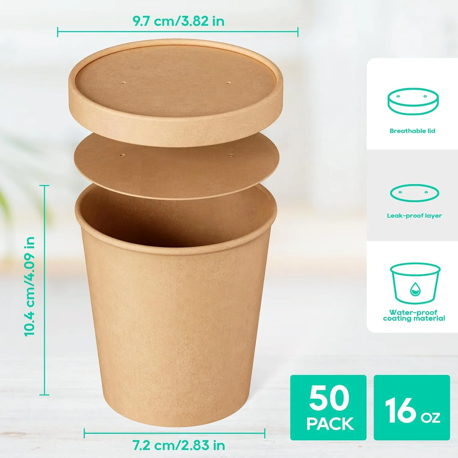 50pack 16oz Paper Soup Containers with Lids, Disposable Kraft Paper Food Cups, Ice Cream Cups, Food Storage with Lids, Microwavable and freezer safe, Suitable for Christmas Thanksgiving (Brown)