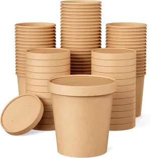 50pack 16oz Paper Soup Containers with Lids, Disposable Kraft Paper Food Cups, Ice Cream Cups, Food Storage with Lids, Microwavable and freezer safe, Suitable for Christmas Thanksgiving (Brown)