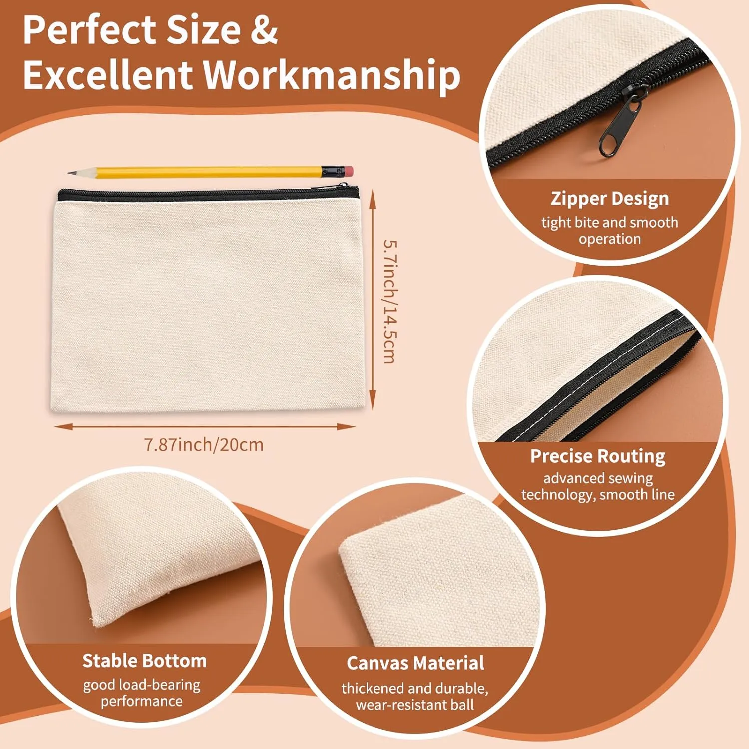 50Pcs Canvas Makeup Bags Bulk, Cotton Sublimation Blank DIY Heat Transfer Cosmetic Bags w/Black Zipper for Bridesmaid Makeup Bag Travel Toiletry Pouch Storage, Ivory