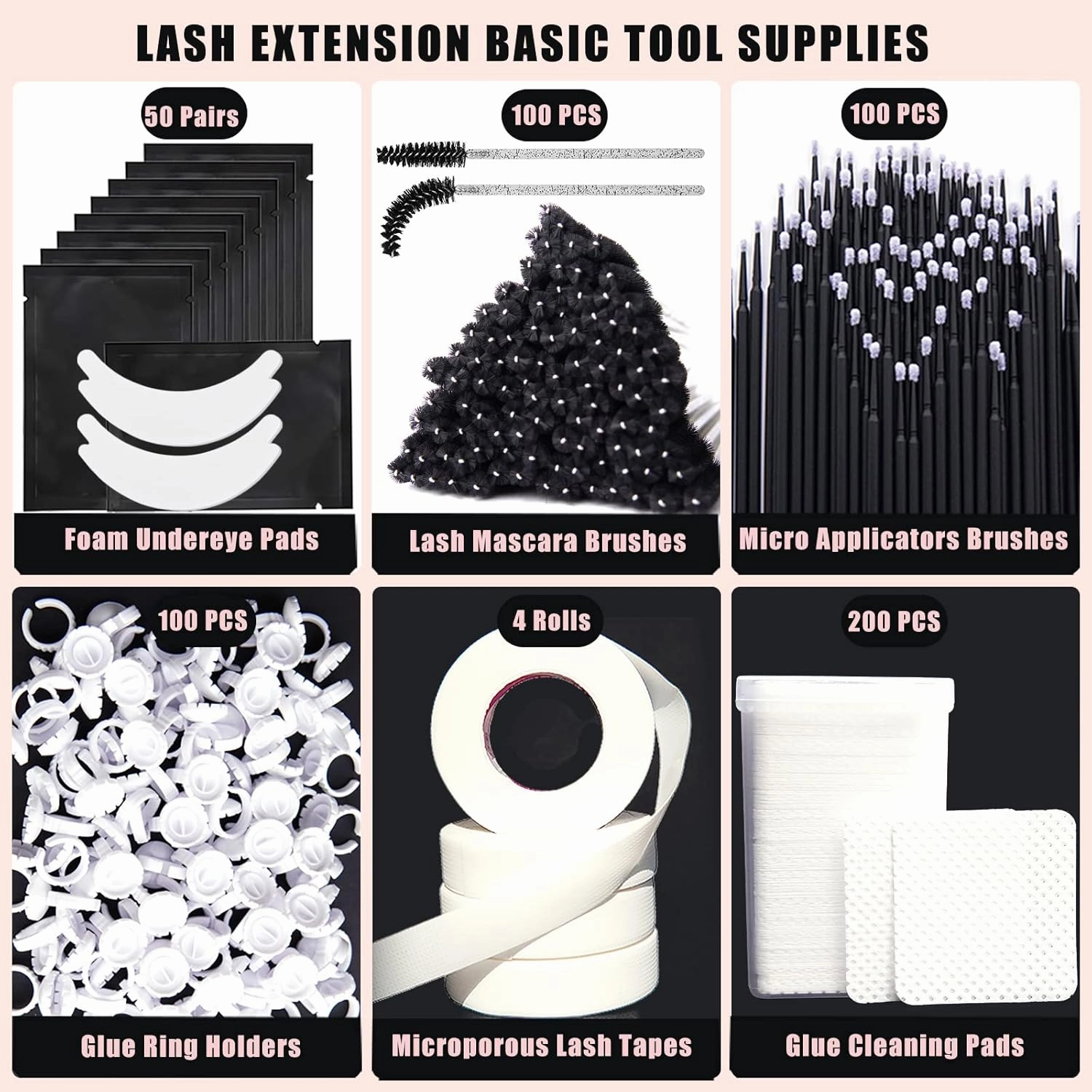 554 PCS Lash Extension Supplies Eyelash Extension Kit for Lash Technicians, 50 Pairs Microfoam Lash Pads, 100 Eye Lash Brushes,100 Micro Applicators, 100 Glue Rings, 200 Glue Wipes, 4 Lash Tapes