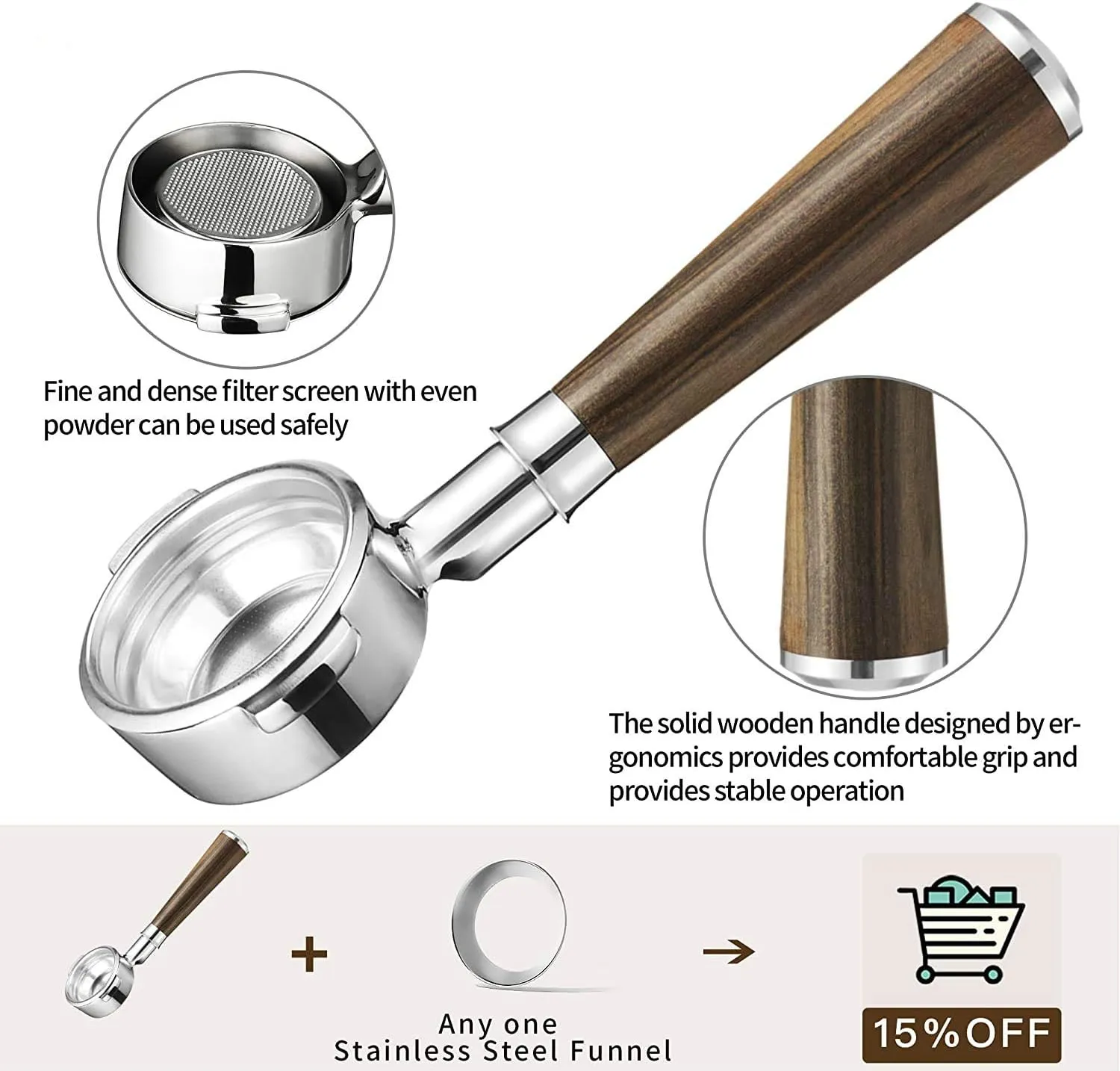 58mm Naked Bottomless Portafilter 2 ears Only Compatible with Expobar, Rocket, Rancilio, Faema and Wega Espresso Machines with 1 Cup filter Basket Included，Coffee Machine Accessories