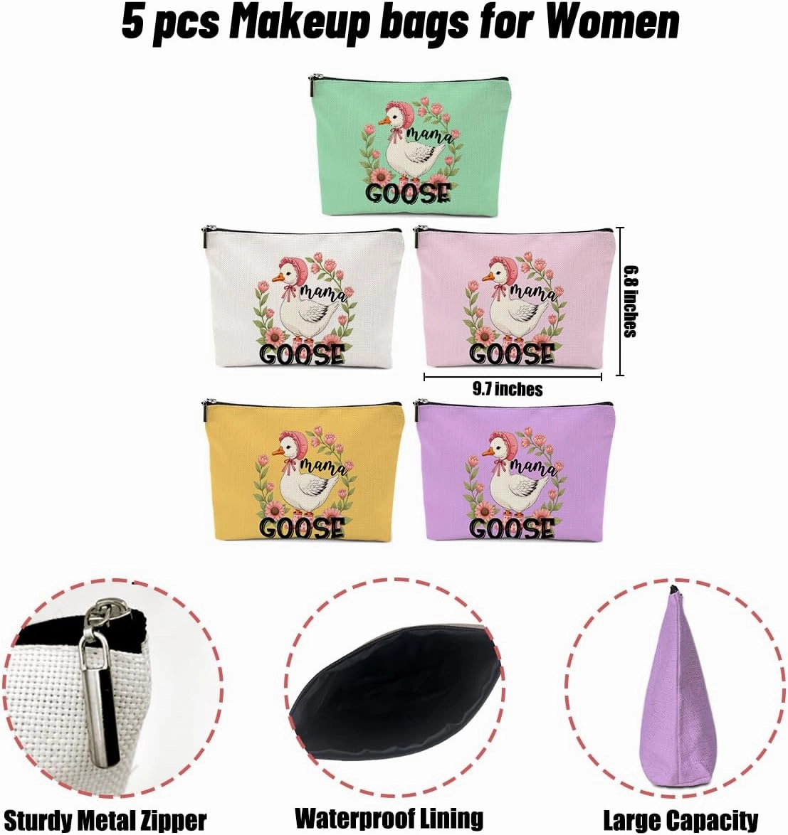 5 Pack Floral Cute Bow Mama Gifts Mom Birthday New Mom Gifts Goose Gifts Makeup Bag, Cosmetic Bags for Women, Thank You Gifts for Mother in Law Mommy to Be Toiletry Bag Mothers Day Christmas