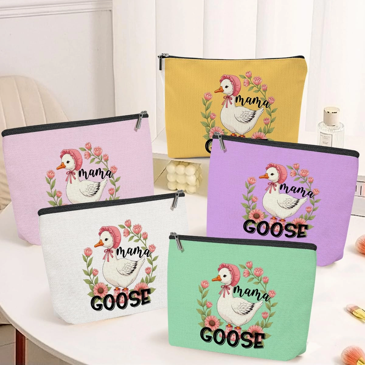 5 Pack Floral Cute Bow Mama Gifts Mom Birthday New Mom Gifts Goose Gifts Makeup Bag, Cosmetic Bags for Women, Thank You Gifts for Mother in Law Mommy to Be Toiletry Bag Mothers Day Christmas