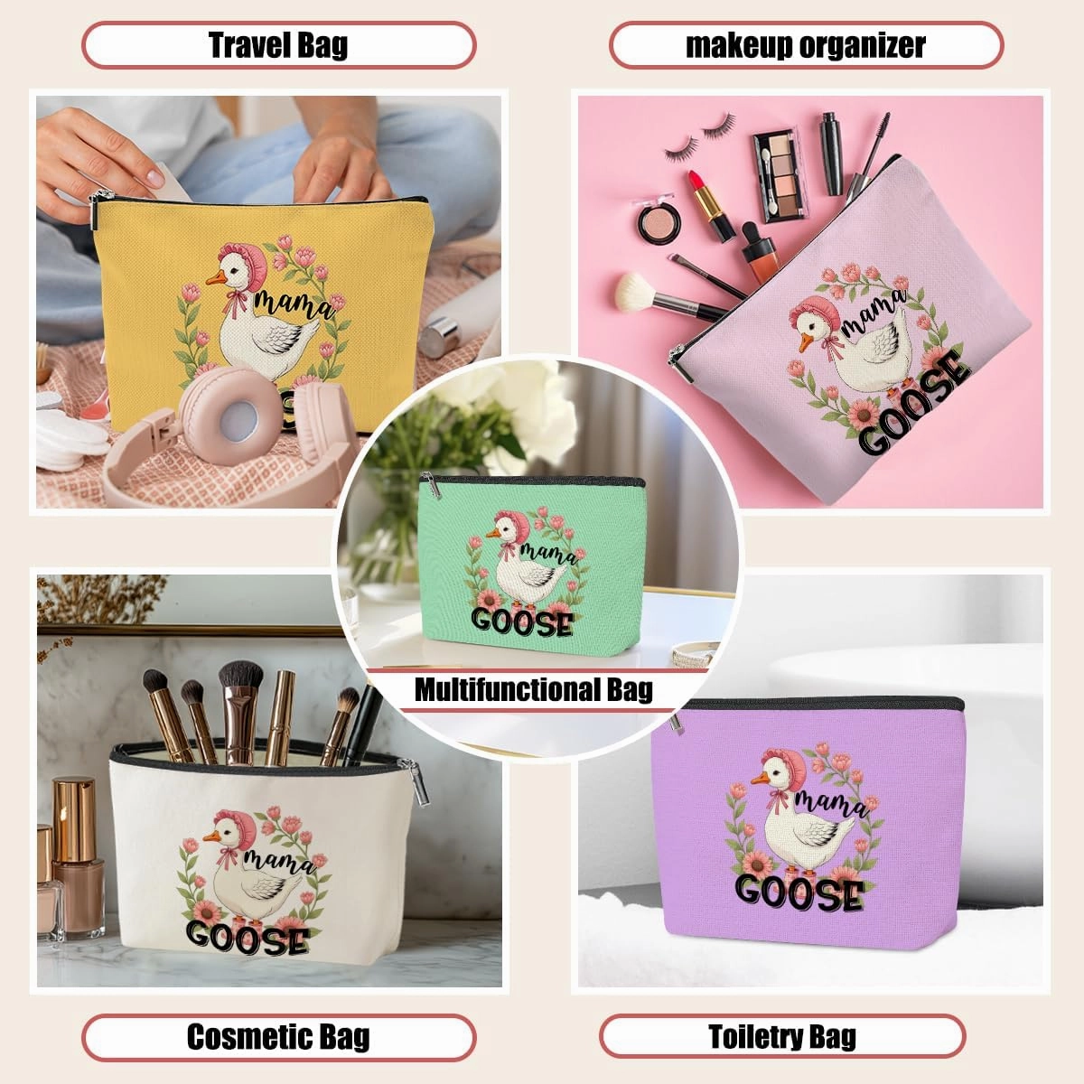 5 Pack Floral Cute Bow Mama Gifts Mom Birthday New Mom Gifts Goose Gifts Makeup Bag, Cosmetic Bags for Women, Thank You Gifts for Mother in Law Mommy to Be Toiletry Bag Mothers Day Christmas