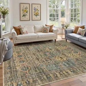 5x7 Area Rugs for Living Room Bedroom, Large Washable Rug, Brown Vintage Retro Boho Rug, Non Slip & Low Pile Faux Wool Thin Carpet for Indoor Dining Room and Kids Room(Brown 5x7ft)