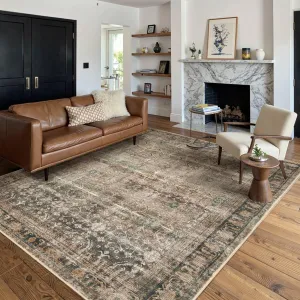 5x7 Area Rugs for Living Room Bedroom, Large Washable Rug, Brown Vintage Retro Boho Rug, Non Slip & Low Pile Faux Wool Thin Carpet for Indoor Dining Room and Kids Room(Charcoal/Olive 5x7ft)