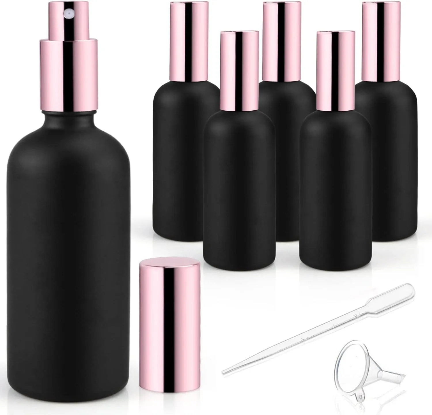 6 Pack 3.4 Oz Black Frosted Glass Spray Bottles,Empty Perfume Fine Mist Atomizer,Rose-Golden Pump Head Travel Liquid Holder Containers for Cologne,Essential Oils,Body Sprays-Funnel&Pipette