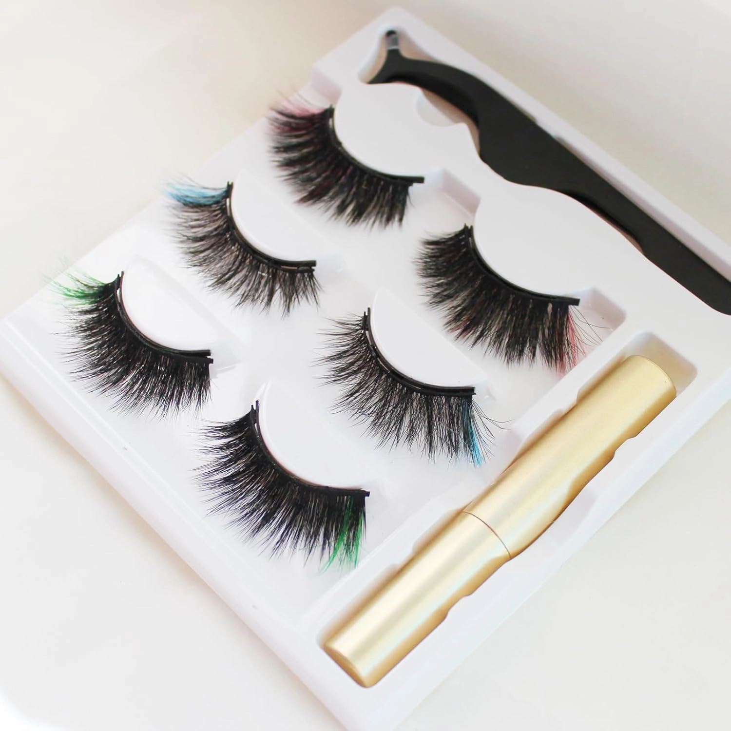 6D Magnetic Eyelashes and Magnetic Eyeliner Kit 3 Style with Tweezers (Green, Light Blue, Pink)