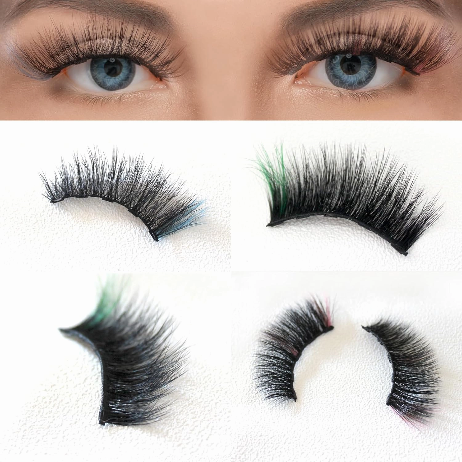 6D Magnetic Eyelashes and Magnetic Eyeliner Kit 3 Style with Tweezers (Green, Light Blue, Pink)