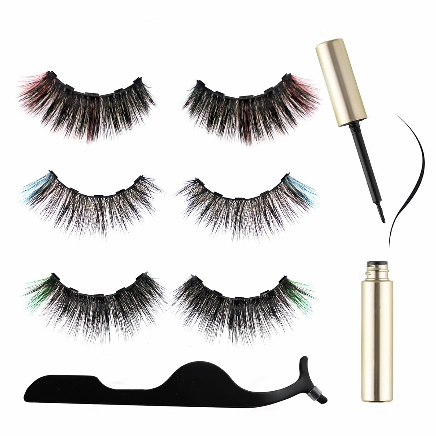 6D Magnetic Eyelashes and Magnetic Eyeliner Kit 3 Style with Tweezers (Green, Light Blue, Pink)