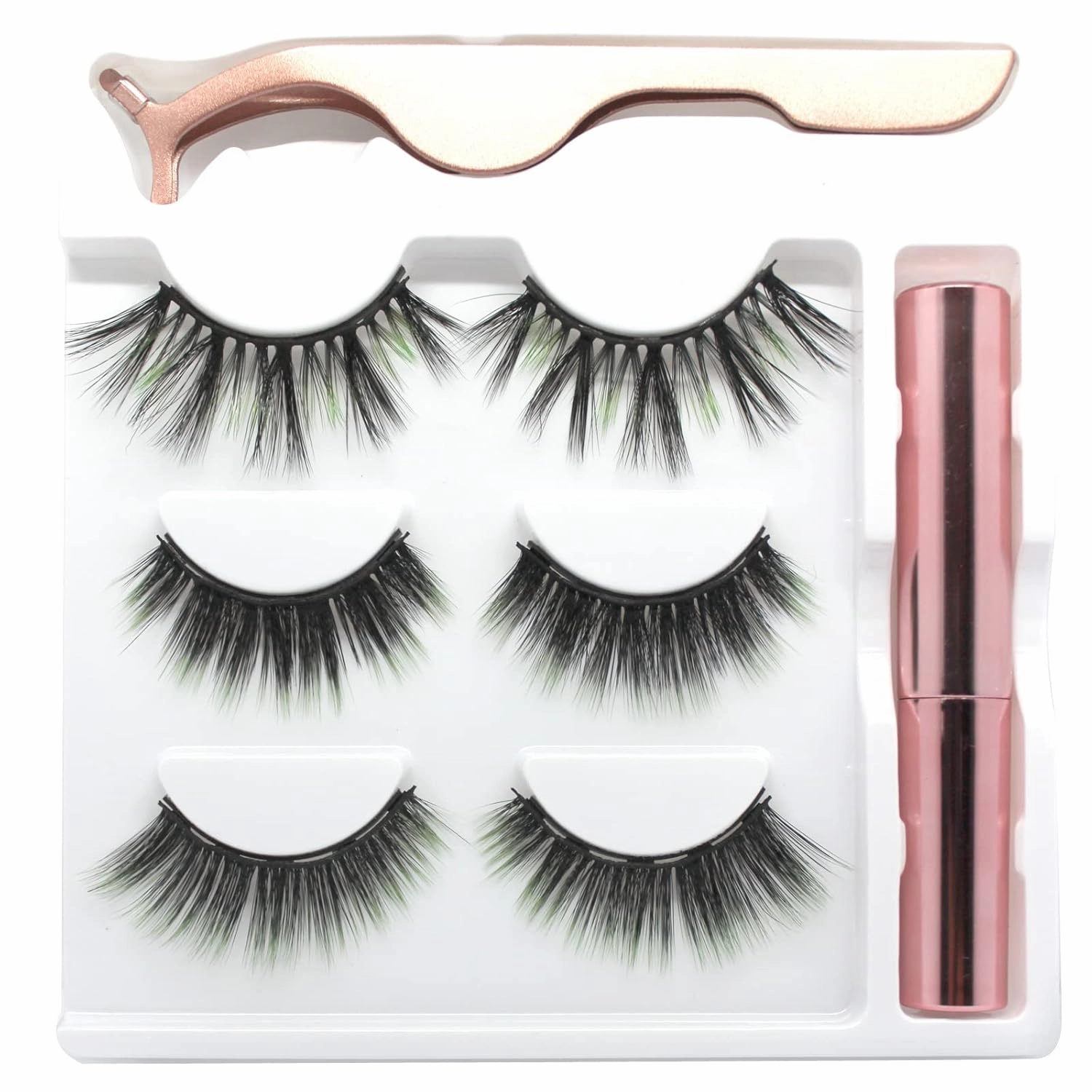 6D Magnetic Green Eyelashes and Magnetic Eyeliner Kit 3 Style with Tweezers