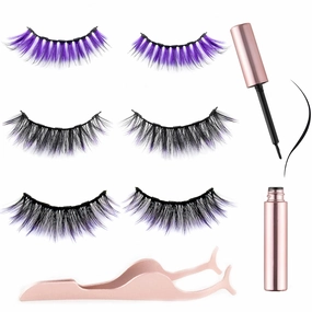 6D Magnetic Purple Eyelashes and Magnetic Eyeliner Kit 3 Style with Tweezers (Purple)