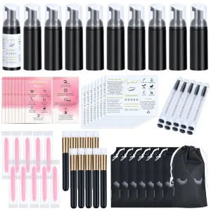 70 Pcs Lash Shampoo Bottle Brushes Set 10 Empty Foam Pump Dispensers 10 Label Stickers 10 Mascara Wands and Tubes 10 Cleansing Brush 10 Facial Sponges 10 Bag for Eyelash Extensions Aftercare(Black)