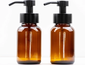 8.5 oz Amber Glass Bottles with Lotion Pump Dispensers (2-Pack) - Non-Foaming Pumps, Refillable Lotion, Liquid Soap, Lotion. Oils, Black Stainless Steel Pumps